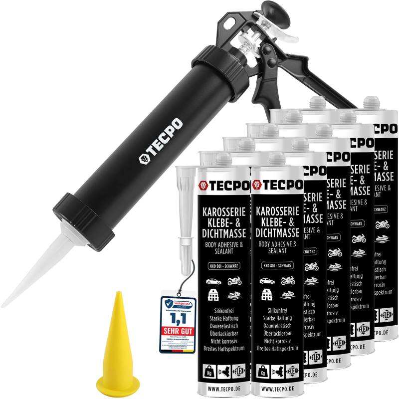 TECPO Klebe- und Dichtmasse, 10x 370g schwarz Karosseriekleber mit Aluminium Kartuschenpresse von TECPO