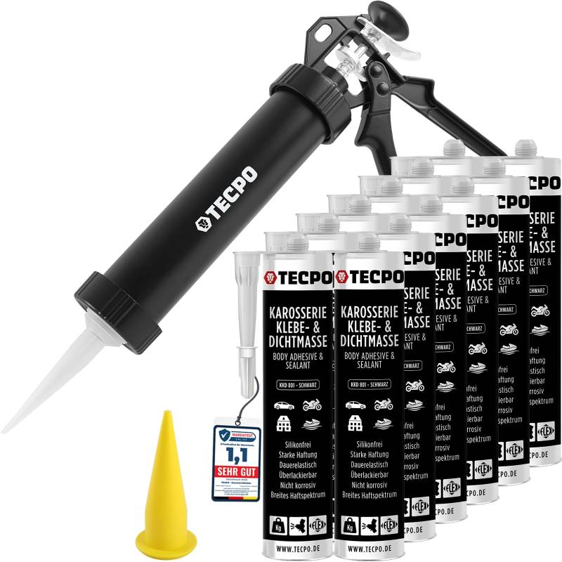 TECPO Klebe- und Dichtmasse, 12x 370g schwarz Karosseriekleber mit Aluminium Kartuschenpresse von TECPO