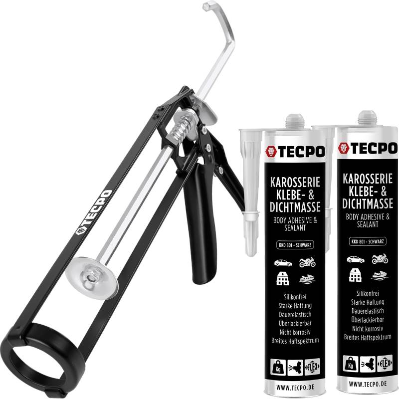 TECPO Klebe- und Dichtmasse, 2X 370g schwarz Karosseriekleber mit Skelett Kartuschenpresse von TECPO
