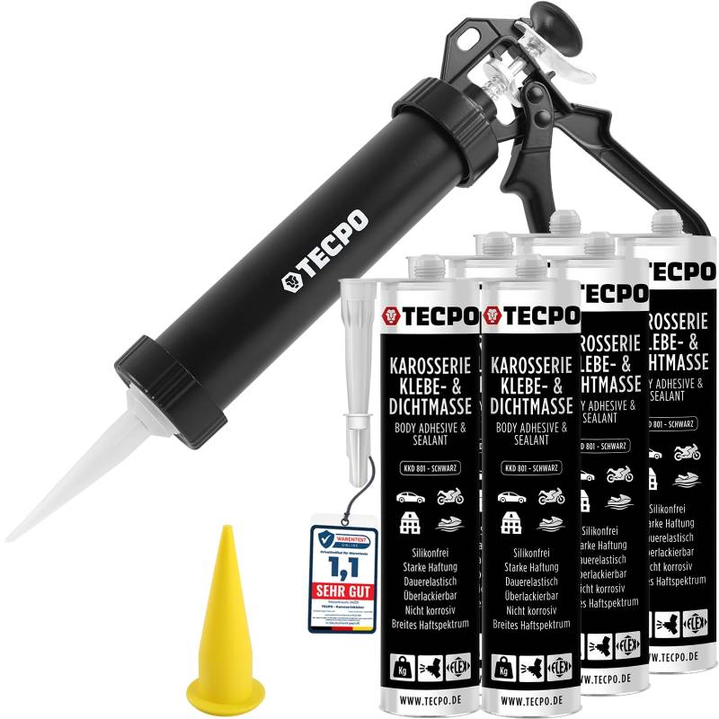 TECPO Klebe- und Dichtmasse, 6X 370g schwarz Karosseriekleber mit Aluminium Kartuschenpresse von TECPO