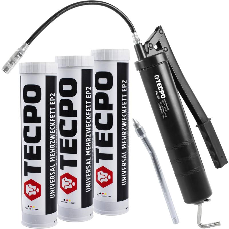 TECPO 3x Universal Mehrzweckfett EP2 400g Kartusche Schmierfett, Lithiumfett Universalfett, KFZ-Schmierung, wasserbeständig, KP2K-30 Lithium Fett + Einhandfettpresse mit Handhebel inkl. Panzerschlauch von TECPO
