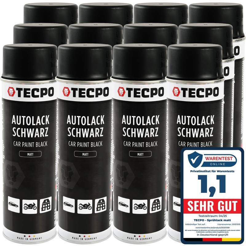 TECPO Sprühlack, 12x 500ml Mattschwarz Autolack für Karosserie und Felgen, schnelltrocknend Nitrolack von TECPO
