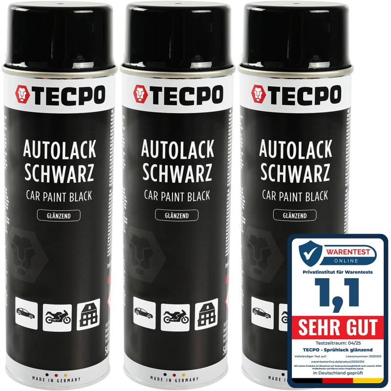 TECPO Sprühlack, 3X 500ml glänzend schwarz Autolack für Karosserie und Felgen, Glanz Farbspray schnelltrocknend Nitrolack von TECPO