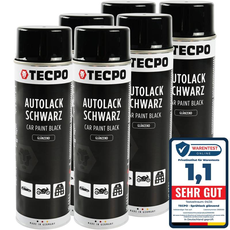 TECPO Sprühlack, 6X 500ml glänzend schwarz Autolack für Karosserie und Felgen, Glanz Farbspray schnelltrocknend Nitrolack von TECPO