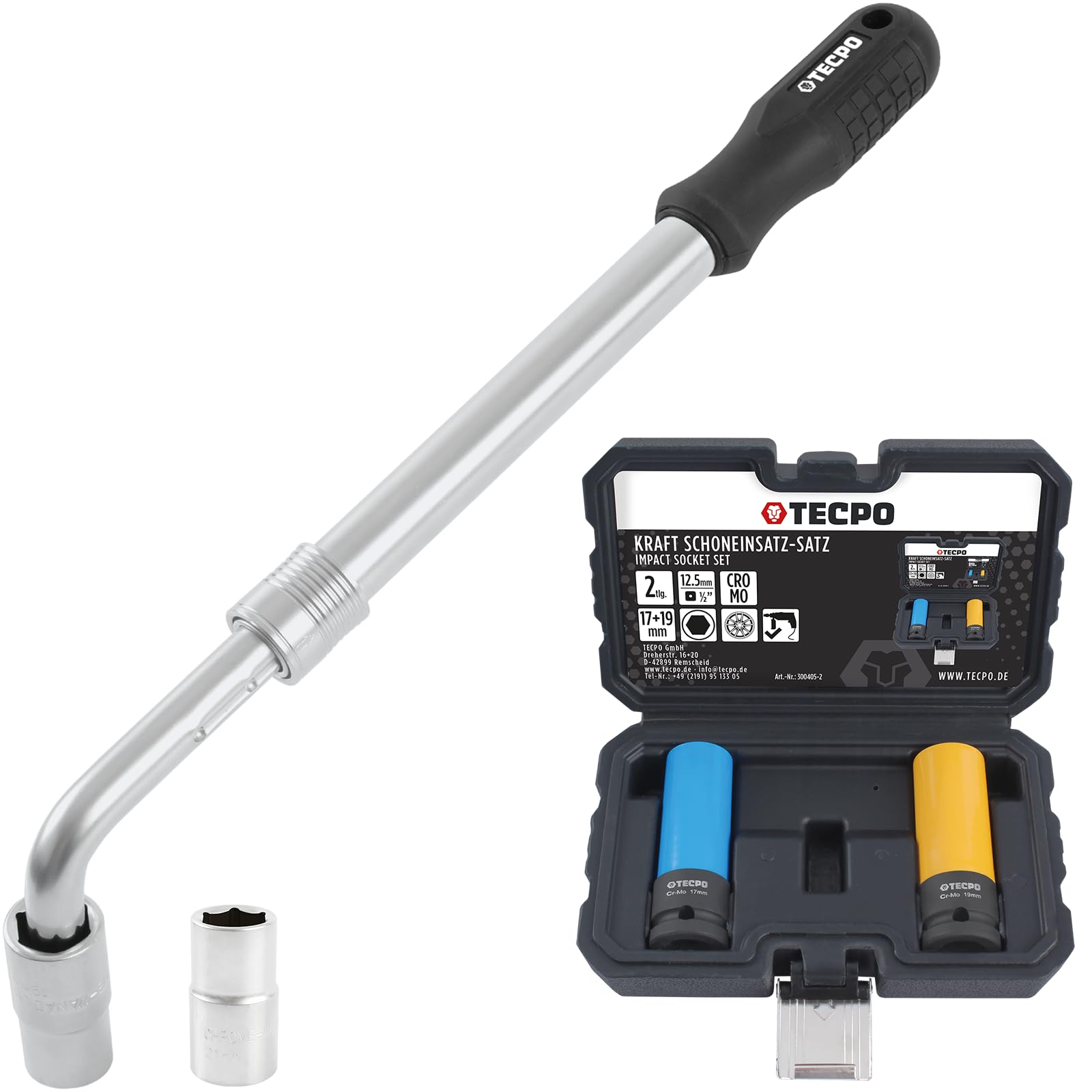TECPO Teleskop Radmuttern Schlüssel Set mit Steckschlüssel-Einsatz 1/2" Zoll in 17/19mm und 21/23mm - mit 19mm und 17mm Schoneinsätze TECPO Teleskop Radmuttern Schlüssel Set mit Steckschlüssel-Einsatz 1/2" Zoll in 17/19mm und 21/23mm - mit 19mm und 17mm Schoneinsätze von TECPO