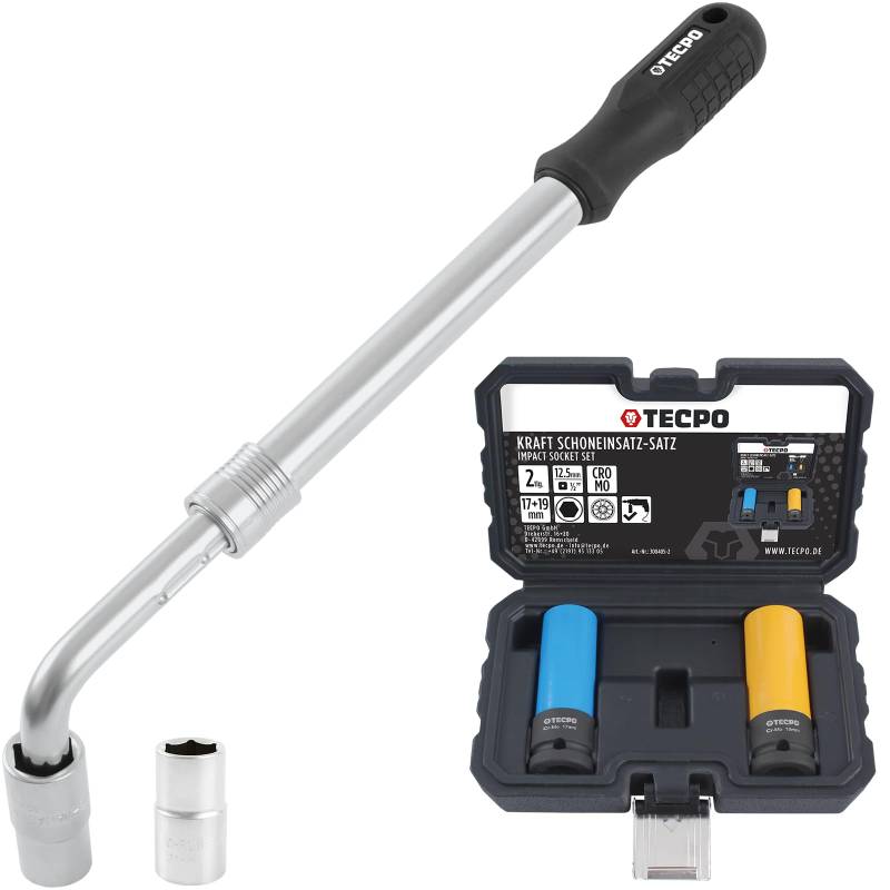 TECPO Teleskop Radmuttern Schlüssel Set mit Steckschlüssel-Einsatz 1/2" Zoll in 17/19mm und 21/23mm - mit 19mm und 17mm Schoneinsätze von TECPO