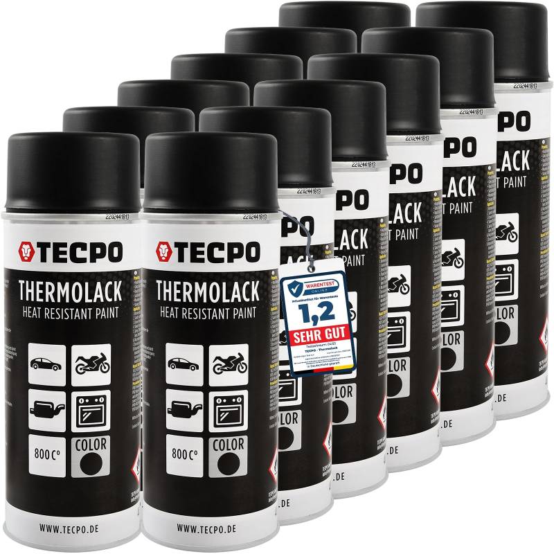 TECPO Thermolack Spray Dose 12x400ml Auspufflack Autolack Ofenlack Bremssattellack hitzebeständig bis 800°C schnell trocknend Auto Lackspray Schwarz Matt schützt Motor und Auspuff vor Rost (12er-Pack) von TECPO