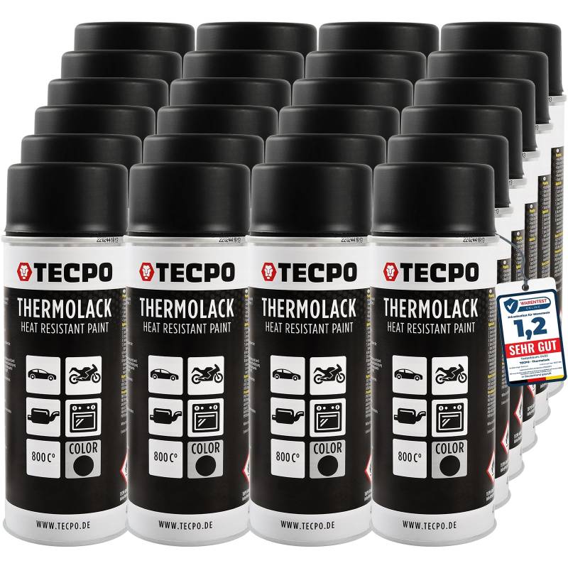 TECPO Thermolack Spray Dose 24x400ml Auspufflack Autolack Ofenlack Bremssattellack hitzebeständig bis 800°C schnell trocknend Auto Lackspray Schwarz Matt schützt Motor und Auspuff vor Rost (24er-Pack) von TECPO