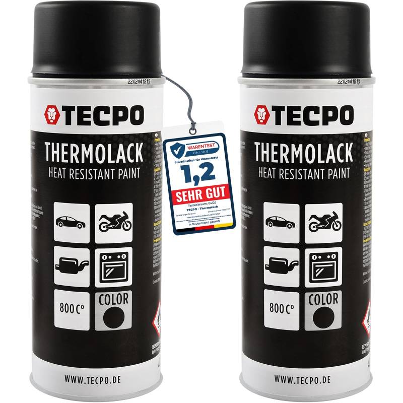 TECPO Thermolack Spray Dose 2X 400ml Auspufflack Autolack Ofenlack Bremssattellack hitzebeständig bis 800°C schnell trocknend Auto Lackspray Schwarz Matt schützt Motor und Auspuff vor Rost (2er-Pack) von TECPO