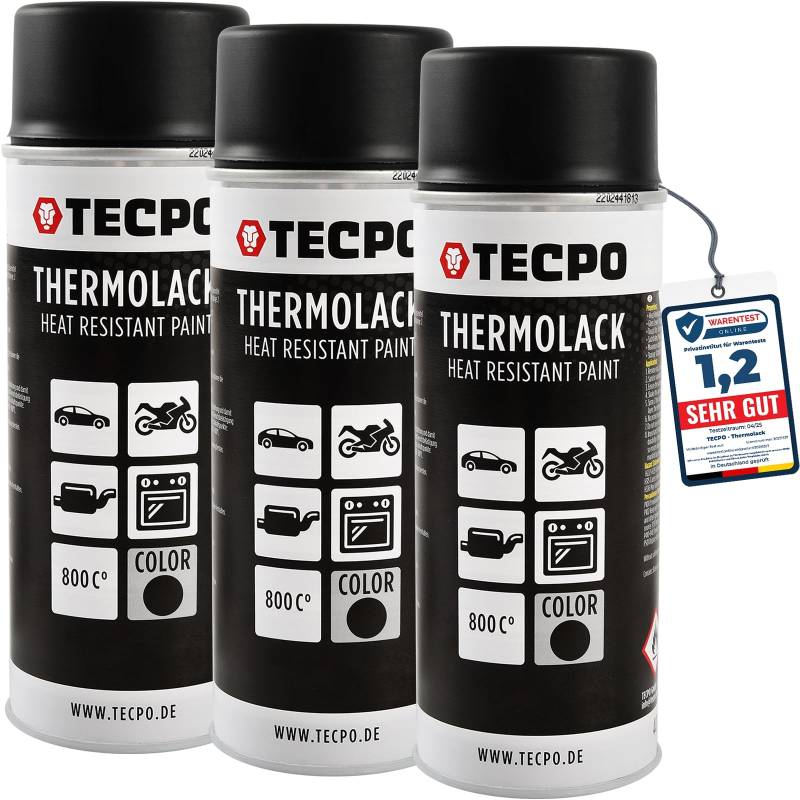 TECPO Thermolack Spray Dose 3X 400ml Auspufflack Autolack Ofenlack Bremssattellack hitzebeständig bis 800°C schnell trocknend Auto Lackspray Schwarz Matt schützt Motor und Auspuff vor Rost (3er-Pack) von TECPO