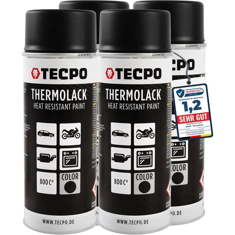 TECPO Thermolack Spray Dose 4X 400ml Auspufflack Autolack Ofenlack Bremssattellack hitzebeständig bis 800°C schnell trocknend Auto Lackspray Schwarz Matt schützt Motor und Auspuff vor Rost (4er-Pack) von TECPO