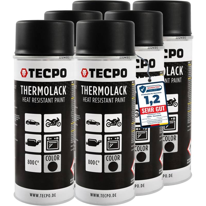 TECPO Thermolack Spray Dose 6X 400ml Auspufflack Autolack Ofenlack Bremssattellack hitzebeständig bis 800°C schnell trocknend Auto Lackspray Schwarz Matt schützt Motor und Auspuff vor Rost (6er-Pack) von TECPO