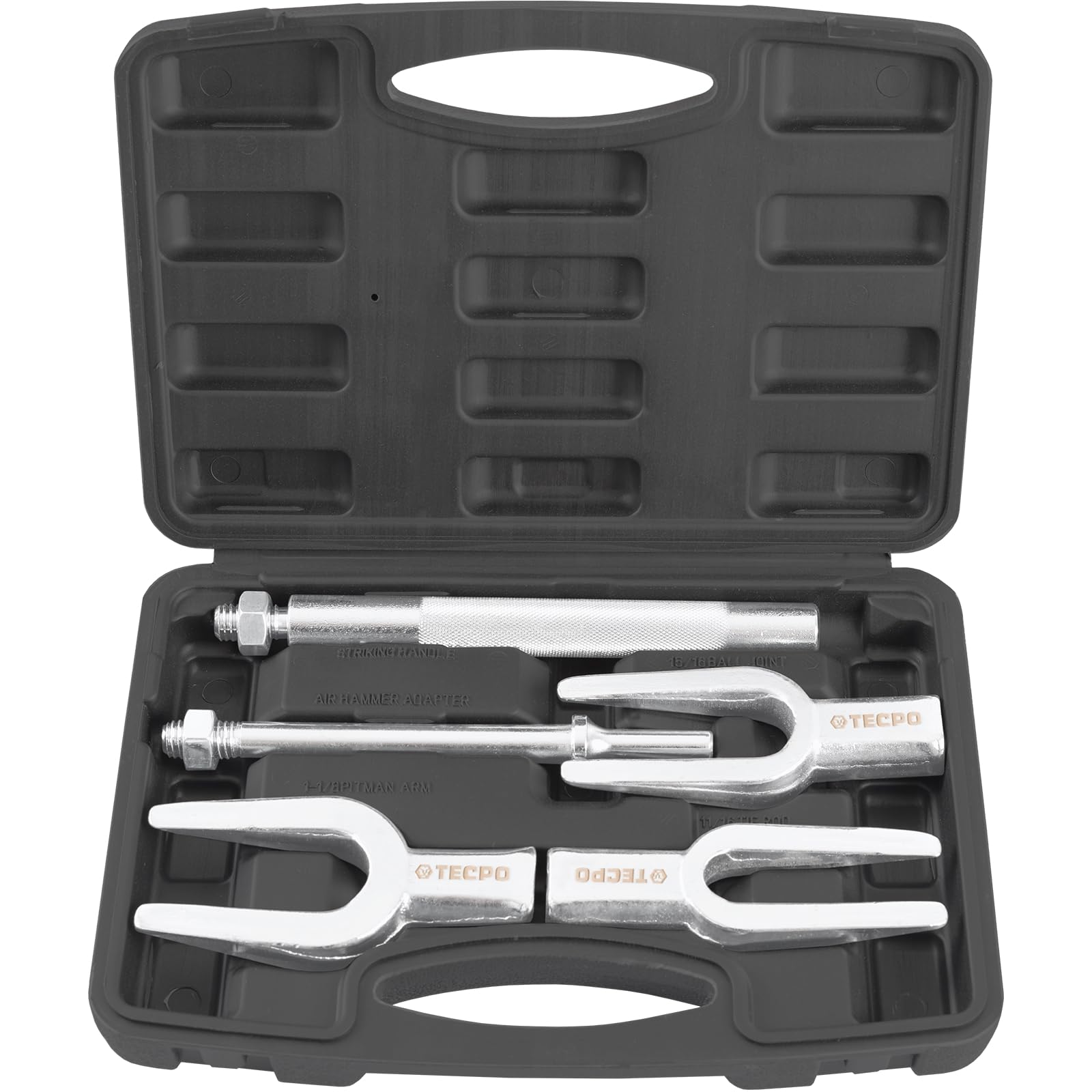 TECPO Trenn- und Montagegabel-Satz 5-TLG, Gabelköpfe 17, 23, 28 mm, für Spurstangenköpfe & Lenkstockhebel, aus geschmiedetem Werkzeugstahl, Adapter für Handbetrieb & Drucklufthammer, Trennhebel Set von TECPO