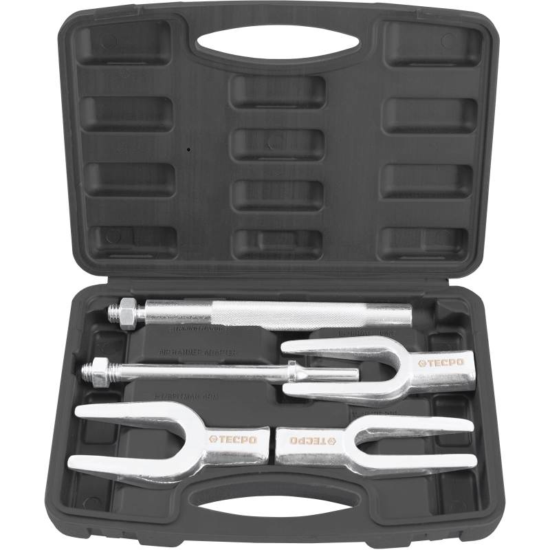 TECPO Trenn- und Montagegabel-Satz 5-TLG, Gabelköpfe 17, 23, 28 mm, für Spurstangenköpfe & Lenkstockhebel, aus geschmiedetem Werkzeugstahl, Adapter für Handbetrieb & Drucklufthammer, Trennhebel Set von TECPO