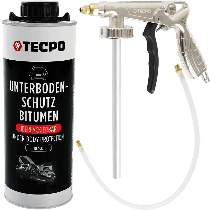 TECPO Unterbodenschutz Bitumen Überlackierbar, 1 Liter Saugdose schwarz UBS Set mit Druckluft Sprühpistole für Steinschlagschutz Karosserieschutz Rostschutzmittel von TECPO