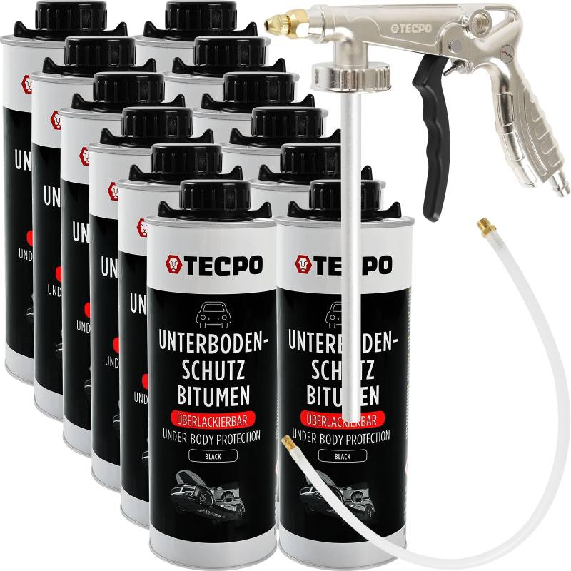 TECPO Unterbodenschutz Bitumen Überlackierbar, 12 Liter Saugdose schwarz UBS Set mit Druckluft Sprühpistole für Steinschlagschutz Karosserieschutz Rostschutzmittel von TECPO