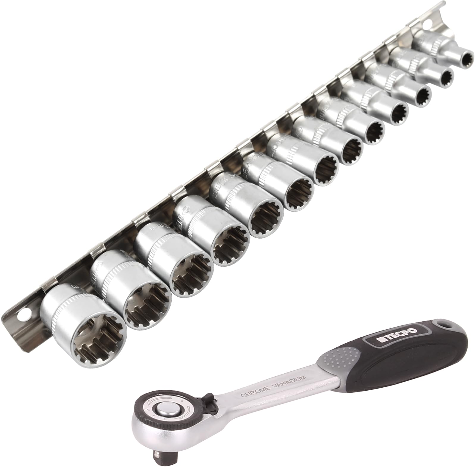 TECPO Vielzahn Steckschlüssel Satz 1/4", 13-TLG, Chrom-Vanadium-Stahl, matt verchromt, für Sechskant, Zwölfkant, E-Profil Schrauben, metrisch & Zollgrößen, auf Stabiler Metallschiene + Umschaltknarre TECPO Vielzahn Steckschlüssel Satz 1/4", 13-TLG, Chrom-Vanadium-Stahl, matt verchromt, für Sechskant, Zwölfkant, E-Profil Schrauben, metrisch & Zollgrößen, auf Stabiler Metallschiene + Umschaltknarre von TECPO