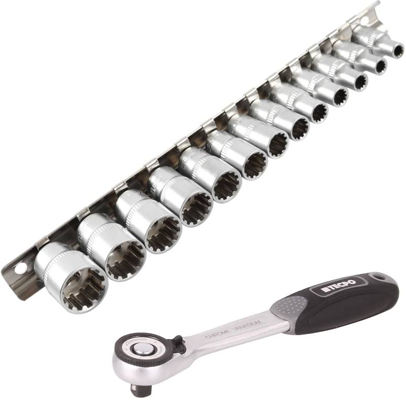 TECPO Vielzahn Steckschlüssel Satz 1/4", 13-TLG, Chrom-Vanadium-Stahl, matt verchromt, für Sechskant, Zwölfkant, E-Profil Schrauben, metrisch & Zollgrößen, auf Stabiler Metallschiene + Umschaltknarre von TECPO