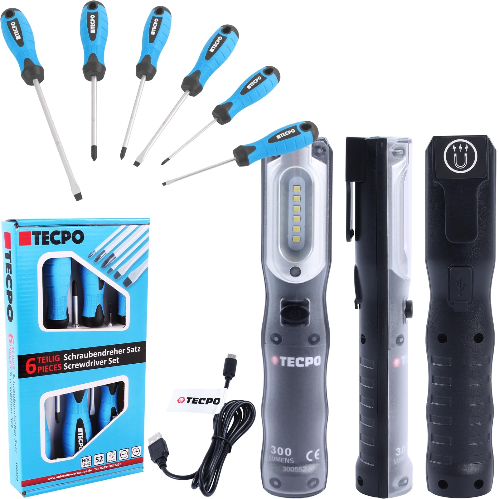 TECPO Werkstattlampe Akku LED Handlampe 300 Lumen 6500K USB mit 6X Schraubendreher TECPO Werkstattlampe Akku LED Handlampe 300 Lumen 6500K USB mit 6X Schraubendreher von TECPO