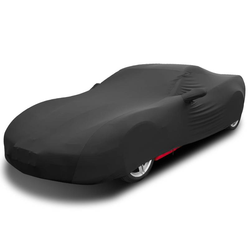 TECTICO Indoor Sportwagen Autoplane Elastisch Atmungsaktiv Staubschutz Weich Stretch Stoff Elegante Autoabdeckung für Innen Garage Auto Show, 4,2m-4,6m, Schwarz von TECTICO