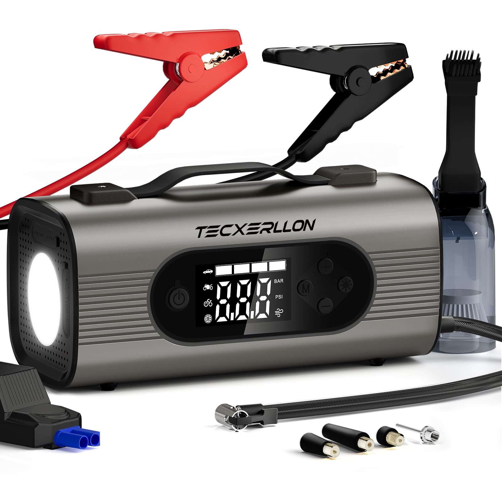 TEXCERLLON 8 in 1 Auto Starthilfe mit Luftkompressor 150PSI, 1200A Autobatterie Starthilfe bis zu 6.0L Gas/4.0L Diesel, 12000mAh Akku Starthilfe Tragbar mit 5000Pa Saugsauger TEXCERLLON 8 in 1 Auto Starthilfe mit Luftkompressor 150PSI, 1200A Autobatterie Starthilfe bis zu 6.0L Gas/4.0L Diesel, 12000mAh Akku Starthilfe Tragbar mit 5000Pa Saugsauger von TECXERLLON