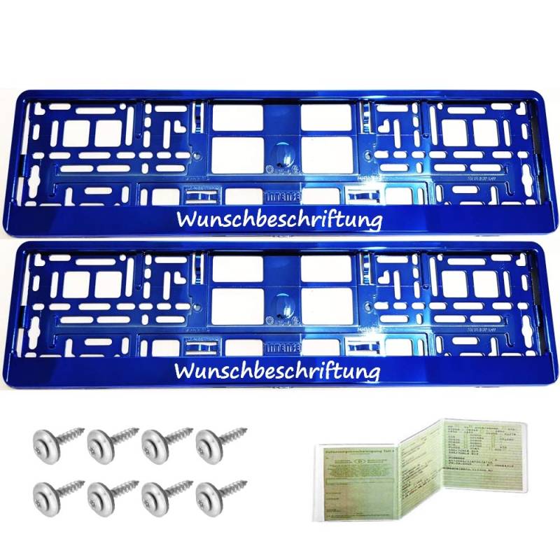2 Stück Kennzeichenhalter BLAU CHROM mit WUNSCHTEXT Beschriftung Werbung BEDRUCKT von TEILE-24.EU Malinowski