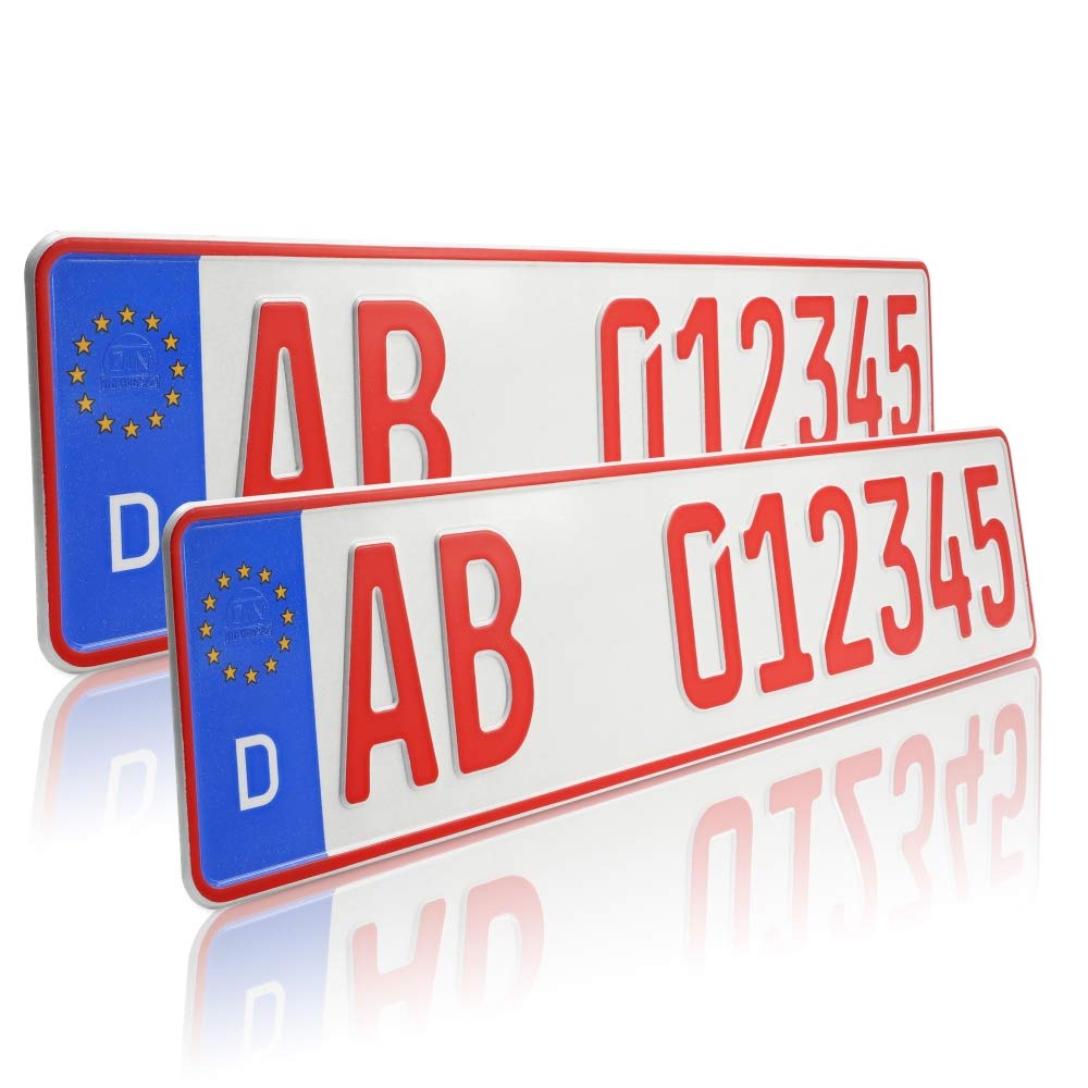2 x EU KFZ Händlerkennzeichen Nummernschilder rote Kennzeichen Autoschilder ROT mit individueller Prägung nach Ihren Vorgaben + KFZ Schein Schutzhülle von TEILE-24.EU Malinowski