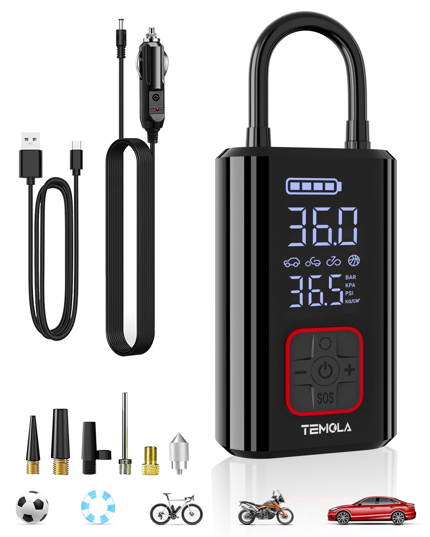 TEMOLA Elektrische luftpumpe, 12V DC und elektrische Luftpumpe mit LED, Tragbare akku kompressor mit Manometer 150PSI, akku luftpumpe mit Autostop für Auto, Fahrräder, Motorräder, & Bälle von TEMOLA