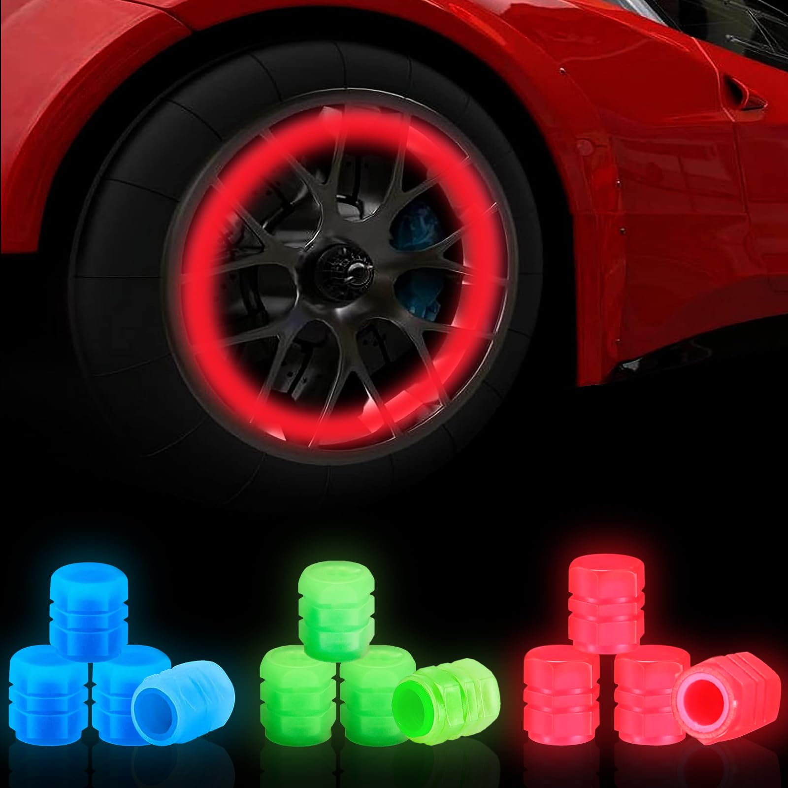 12 Stück Leuchtende Ventilkappen Auto, 3-Farben der Universelle Fluoreszierende Reifenventilkappen (Rot/Grün/Blau), ABS Kunststoff-Reifen Ventilkappen Glowing in Dark für PKW,Fahrrad, Motorrad von TERJBG