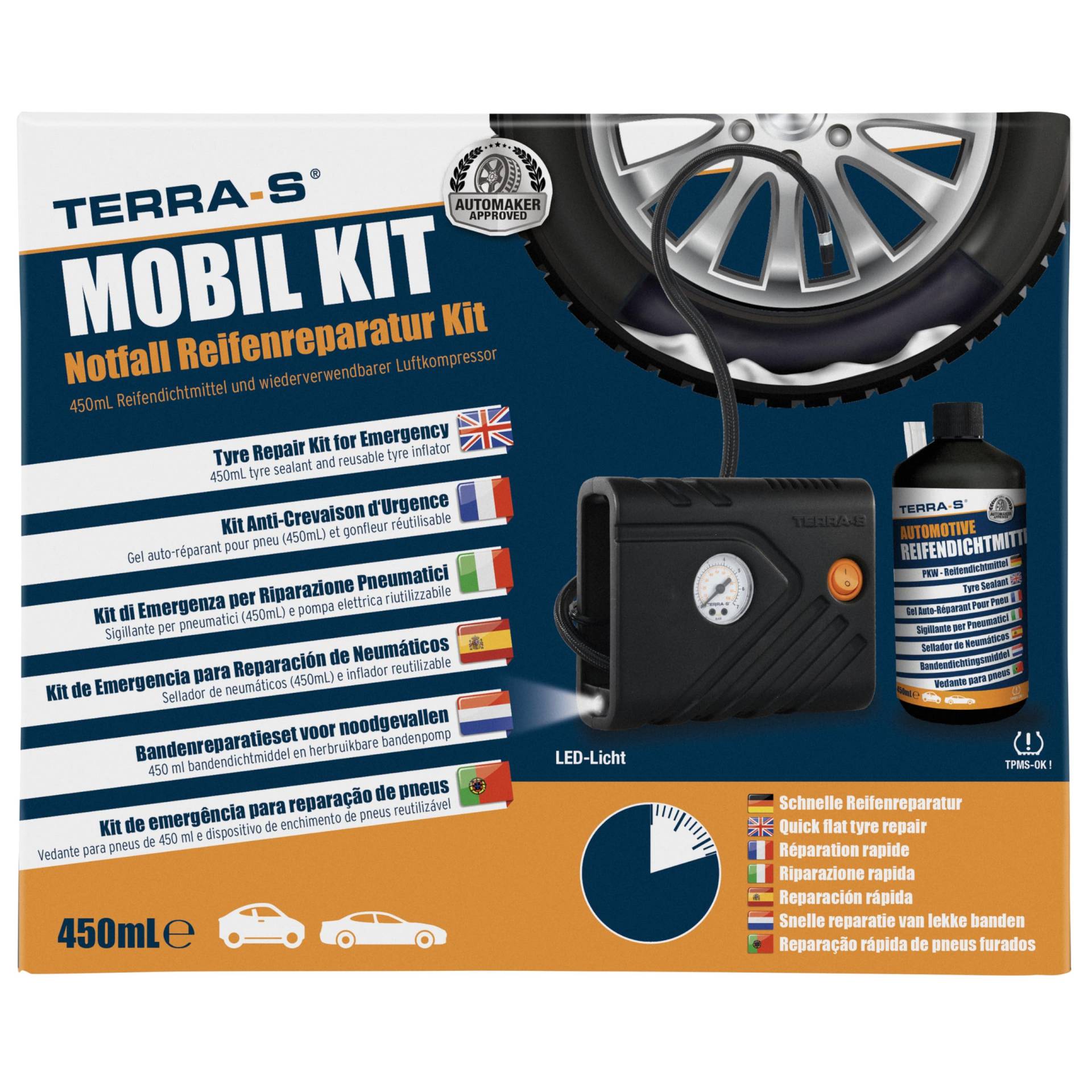 TERRA S T56000 T56000Reifenreparatur-Kit, Mobil-Kit, Notfallausrüstung, mit Dichtmittel und Reifenpumpe, geeignet für Autos und andere Kfz, Reparatur in 15 Minuten von TERRA S