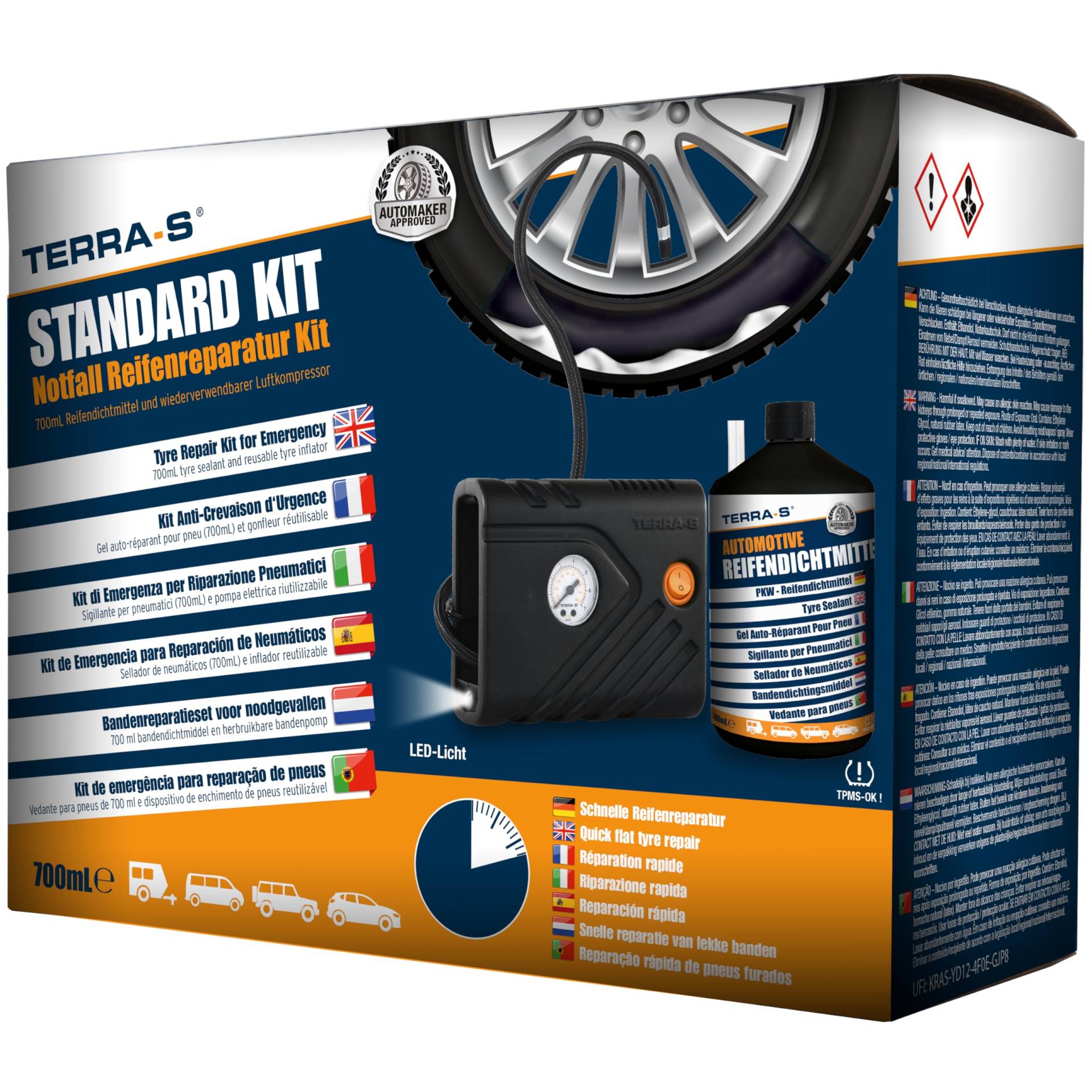 TERRA-S T56001 Reparaturkit für Reifenpannen, Standardausrüstung, Notfallausrüstung, mit Dichtmittel und Reifenpumpe, geeignet für Autos und andere Kraftfahrzeuge, Reparatur in 15 Minuten von TERRA-S