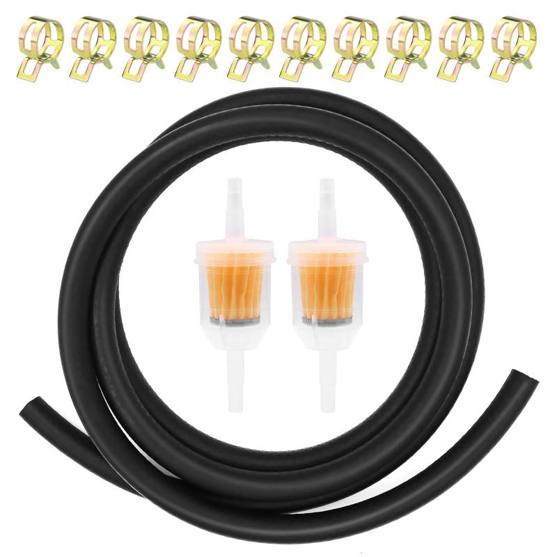 TETEWEVER 2 Meter Benzinschlauch Set 5/16” Zoll Ø 8 mm Kraftstoffschlauch mit 10 Schlauchschellen, 2 Benzinfilter, Ölschlauch Dieselschlauch Kraftstoffleitung für Auto Motorrad Roller von TETEWEVER