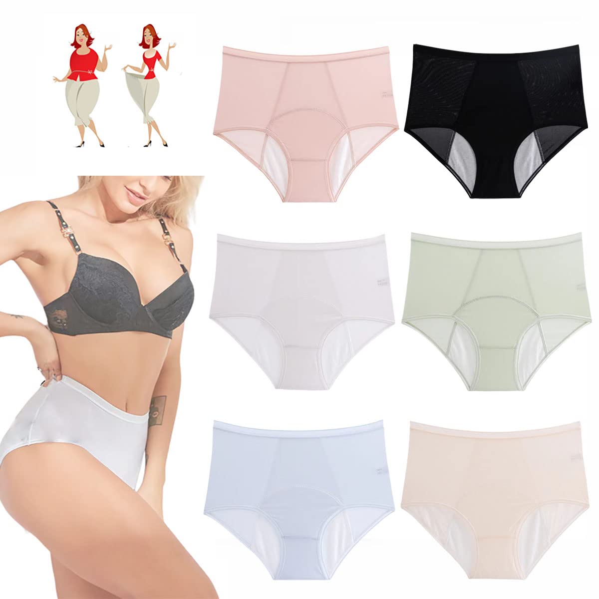 Everdries Auslaufsichere Unterwäsche für Frauen Atmungsaktive Auslaufsichere Baumwolle Hohe Taille Schutzhöschen Auslaufsichere Unterwäsche für Frauen Inkontinenz (6pcs style,2XL) von TETHY