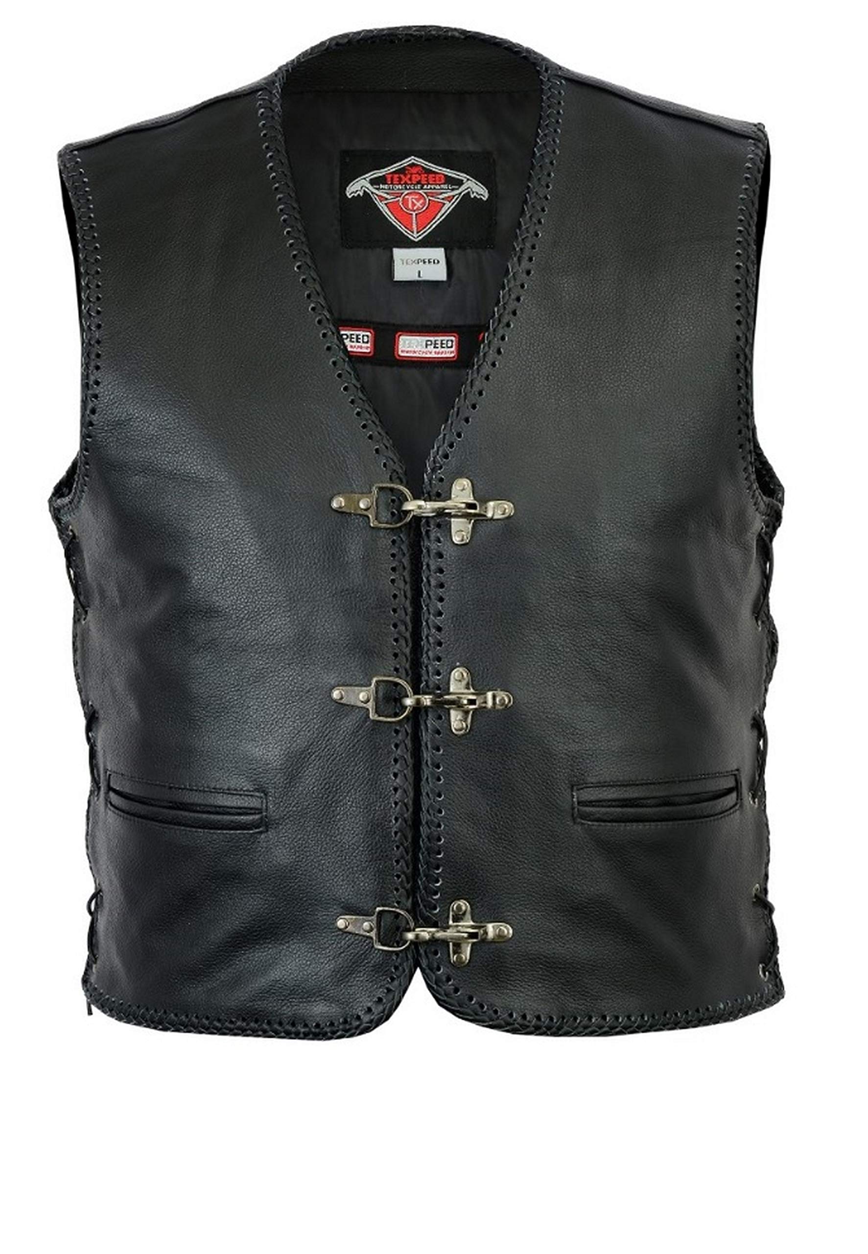 Motorrad leder weste herren - Chopper rocker lederweste mit biker angelhaken schnalle - Geschnürt Schwarz rindleder top-grain echtleder - Größe: 4XL von Texpeed