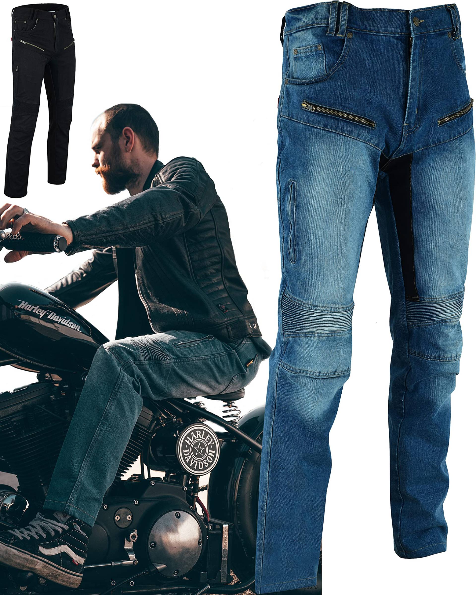 Texpeed Motorradhose mit Protektoren - Herren schwarz Motorrad schützende Jeans - Tapered Fit - Rüstung enthalten (EN 1621-1) - Blau: 2XL Taille/Lang Bein von Texpeed