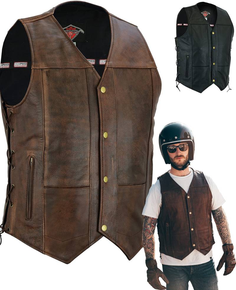 Texpeed motorrad leder weste herren - Chopper biker rocker lederweste - Reißverschlusstaschen mit geschnürt rindleder top-grain echtleder - Braun - (M) von Texpeed