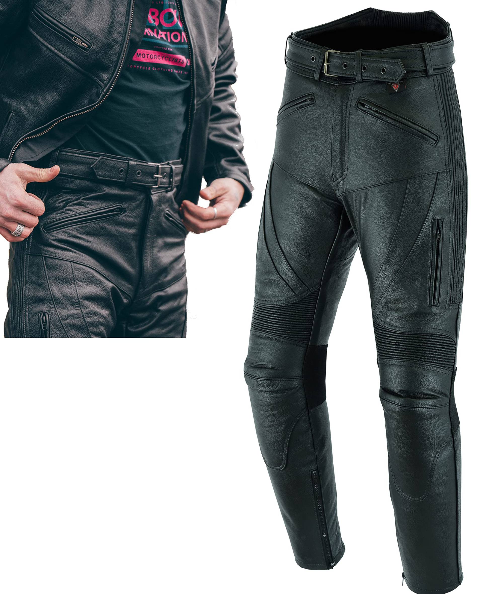 Texpeed motorradhose leder herren mit protektoren - Schwarz Lederhose echtleder Top-Grain-Leder mit Rüstung (EN 1621-1) Biker gepanzerte - L Taille/Regülar Bein von Texpeed