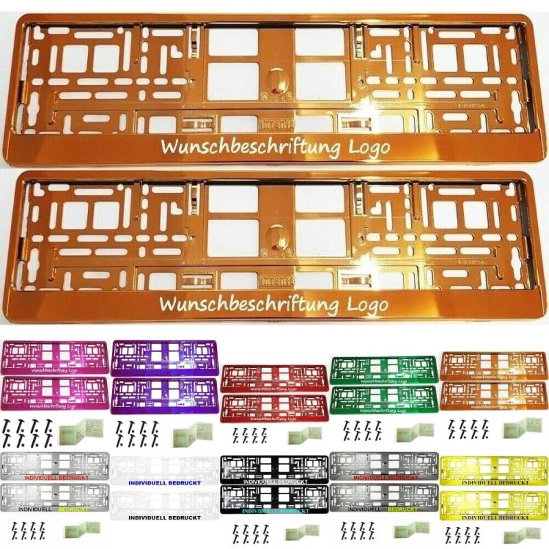 2 Stück Kennzeichenhalter mit Wunschtext Beschriftung Werbung Bedruckt. KOSTELOSE Lieferung (Orange Chrom) von THE7 AUTOMOTIVE