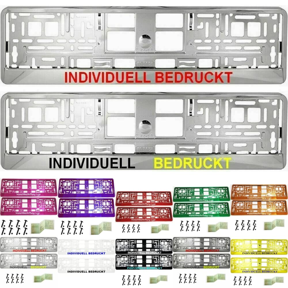 2 Stück Kennzeichenhalter mit Wunschtext Beschriftung Werbung Bedruckt. KOSTELOSE Lieferung (Silber Chrom) von THE7 AUTOMOTIVE