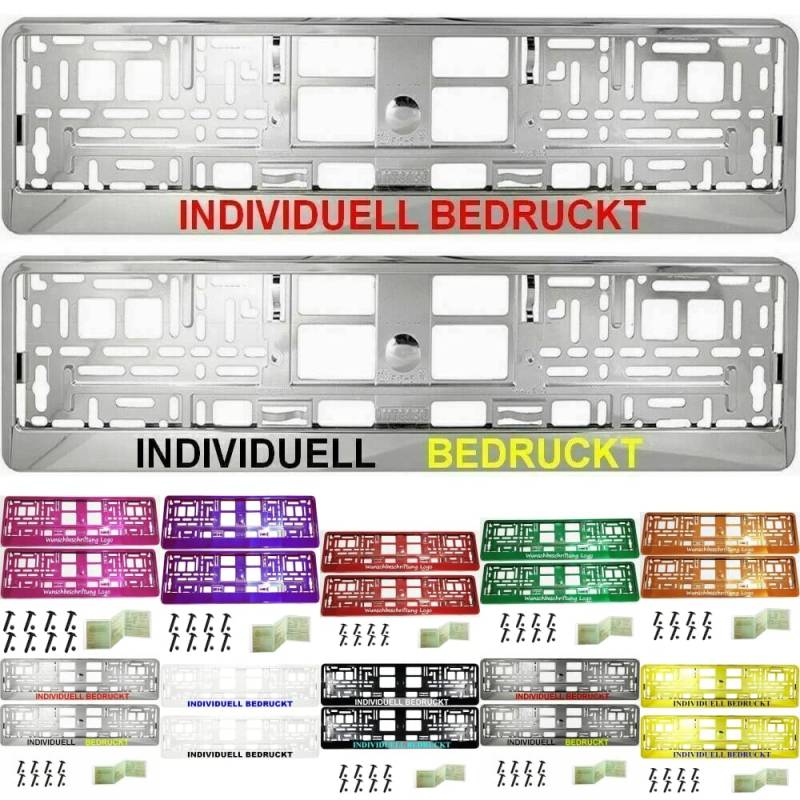 2 Stück Kennzeichenhalter mit Wunschtext Beschriftung Werbung Bedruckt. KOSTELOSE Lieferung (Silber Chrom) von THE7 AUTOMOTIVE