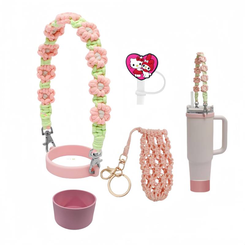 Wasserflaschengriff-Zubehör-Set, kompatibel mit Stanley Cup, Silikon-Becherstiefel, Strohhalm-Abdeckung, handgefertigter Lippenstift-Halter, Schlüsselanhänger für 1,2 l und 850 ml Becher, Rosa von THOUGHTOSIS