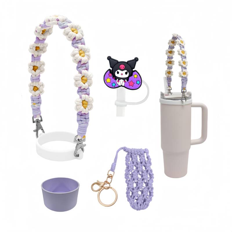 Wasserflaschengriff-Zubehör-Set, kompatibel mit Stanley Cup, Silikon-Becherstiefel, Strohhalm-Abdeckung, handgefertigter Lippenstift-Halter, Schlüsselanhänger für 1,2 l und 850 ml Becher, Violett von THOUGHTOSIS