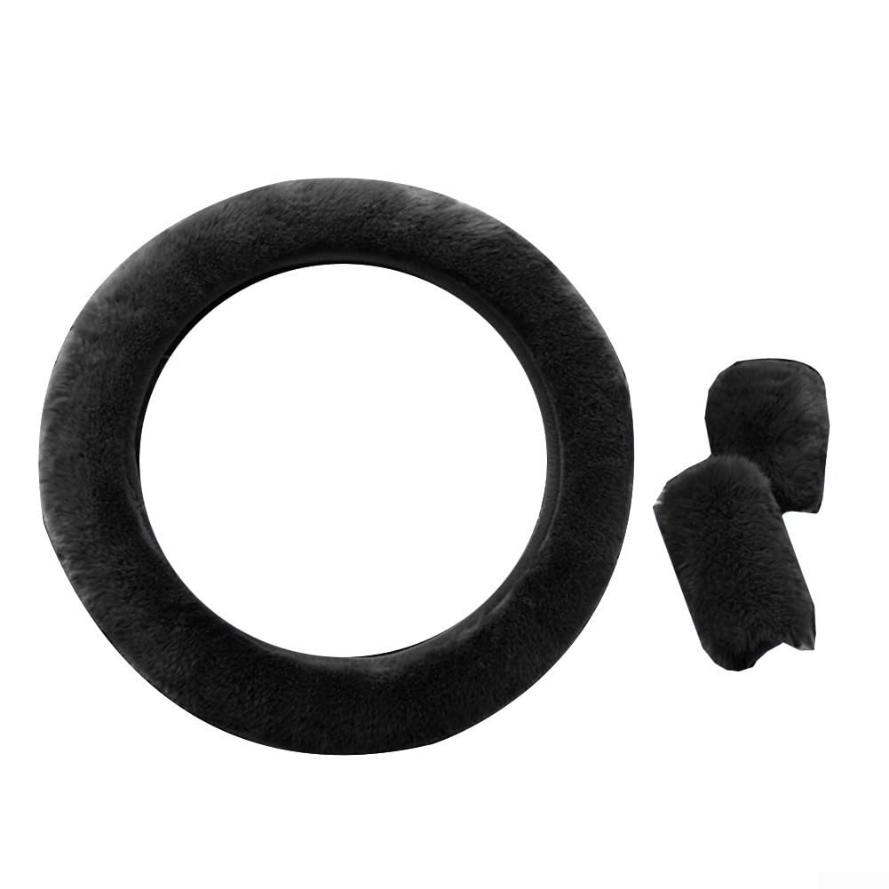 Gemütliches Fahrzubehör aus Kunstwolle, 3-teiliges Set für Lenkrad, Handbremse und Schaltgetriebe (schwarz, 3-teilig) von TIANHENGMart