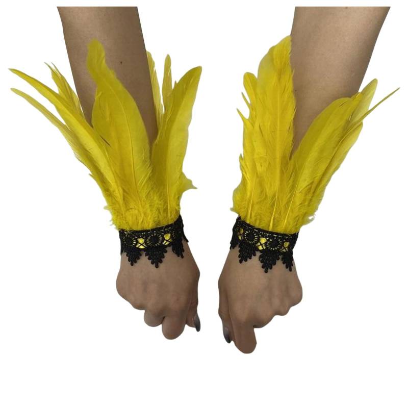 TIMIYUYU Federn Armbänder Damen Vintage Feder Manschette Accessoires Gothic Feder Manschetten Frauen Federschlagarmbänder Feder Spitze Handschuhe Federschmuck für Halloween Kostüm, (Yellow, One Size) von TIMIYUYU
