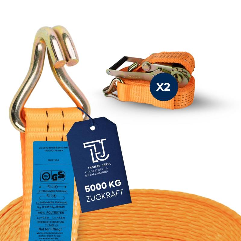 TJ Spanngurte mit Ratsche & Haken 2 Stück I 6m Länge I 50mm Breite I Ratschengurte mit 5000kg Belastbarkeit I Zurrgurt zweiteilig I TÜV & GS-Zertifiziert I Zurrschlaufen für sichere Lastenbefestigung von TJ