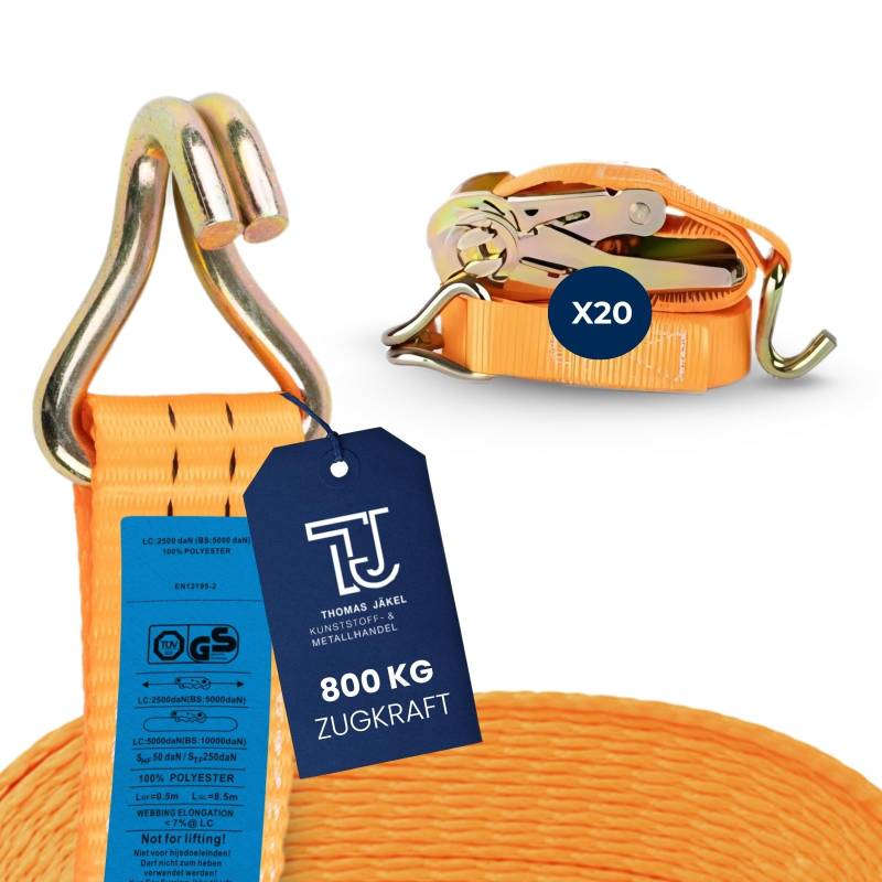 TJ Spanngurte mit Ratsche & Haken 20 Stück I Zurrgurt zweiteilig I 6m Länge I 25mm Breite I Ratschengurte mit 800kg Belastbarkeit I TÜV & GS-Zertifiziert I Zurrschlaufen für sichere Lastenbefestigung von TJ