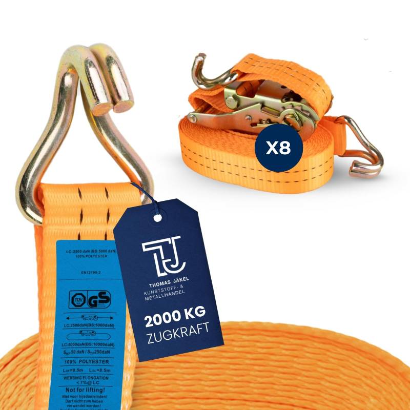 TJ Spanngurte mit Ratsche & Haken 8 Stück I 6m Länge I 35mm Breite I Ratschengurte mit 2000kg Belastbarkeit I Zurrgurt zweiteilig I TÜV & GS-Zertifiziert I Zurrschlaufen für sichere Lastenbefestigung von TJ