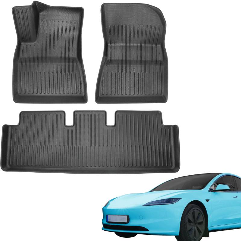 TLECTRIC Allwetter Fußmatten Set für Tesla Model 3 Highland 2024 + 2025 Innenraum Automatten Wasserdicht Robust Hoher Rand (3 teilig für Sitze Vorne u. Hinten) von TLECTRIC