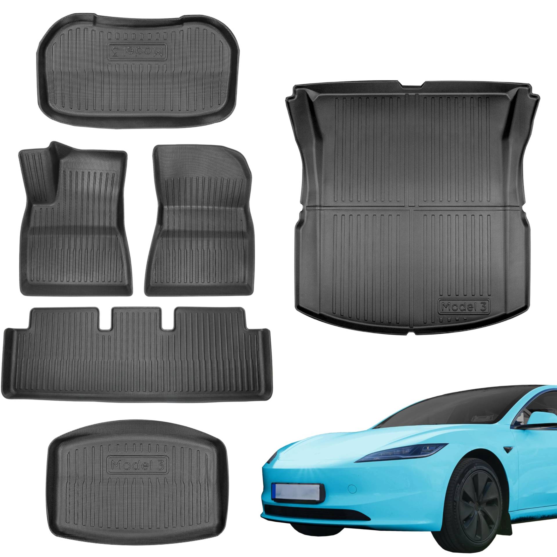 TLECTRIC Allwettermatten Gesamtset für Tesla Model 3 Highland 2024 + 2025 Innenraum Automatten Set, Fußmatten für Vorne & Hinten, Kofferraummatten für Vorne & Hinten & Kabelfach (6 Matten) von TLECTRIC