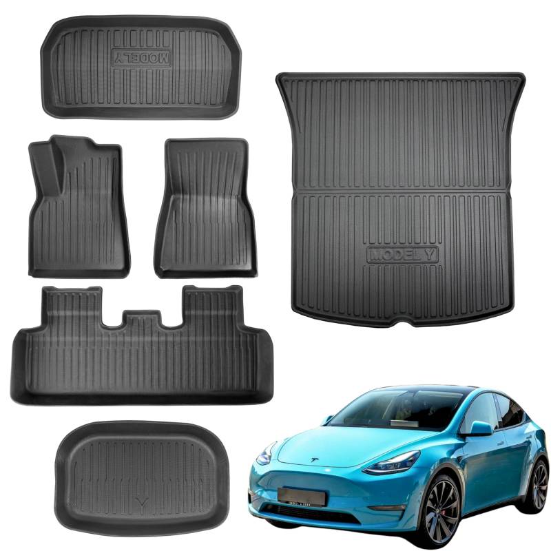 TLECTRIC Allwettermatten Set für Tesla Model Y (2022–2024) – 6-teilig Fußmatten vorne & hinten, Kofferraum- und Kabelfachmatten – Wasserdicht & Passgenau von TLECTRIC